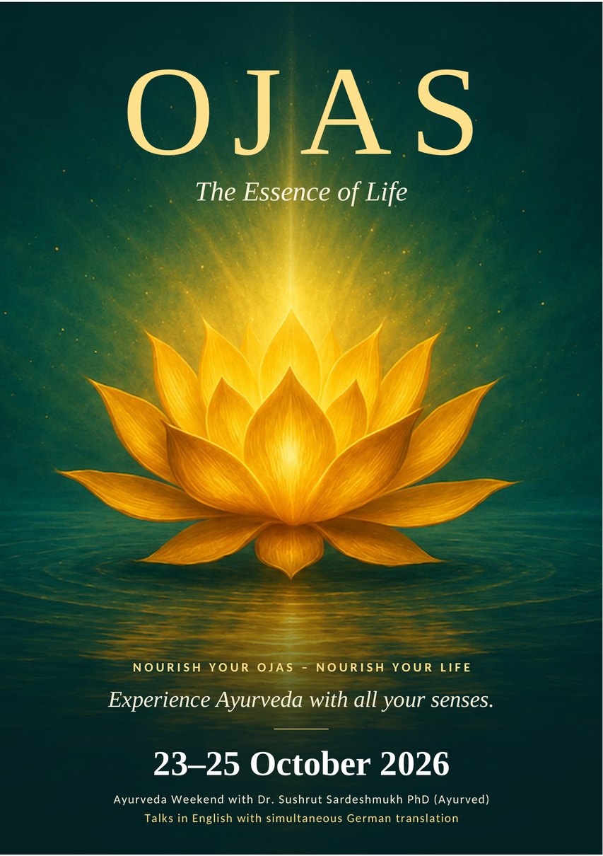 Flyer: OJAS - The Essence of Life, Ayurveda Weekend with Dr. Sushrut Sardeshmukh PhD (Ayurved), 23-25 October 2026, Vienna